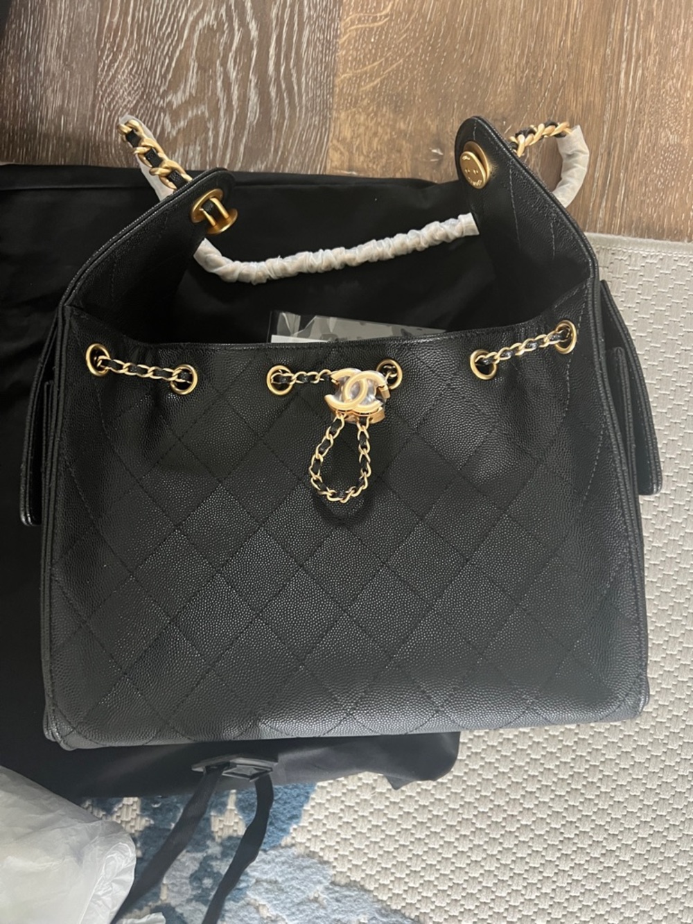 CHANEL Black Quilted Leather Shoulder Bag with Gold Chain Hardware